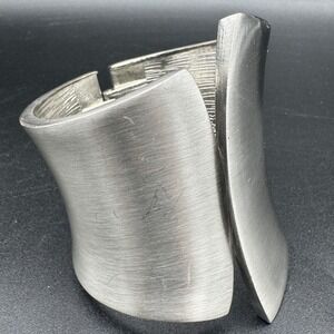 Modernist Brushed Silver Tone Wide Hinged Statement Cuff Bracelet Flared Design